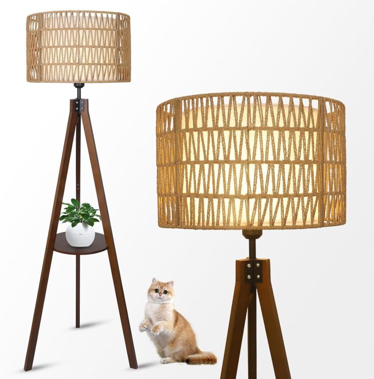 Boho Tripod Floor Lamp With Shelves, Mid Century Wood Standing Lamp With Rattan & Fabric Shades, On Off Foot Switch, Modern Farmhouse Tall Floor Lamps For Living Room Bedroom Office