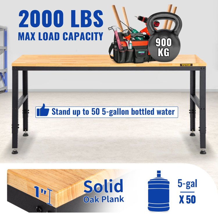 Workbench Adjustable Height, 48" L X 20" W X 38.1" H Garage Table W 28.3" 38.1" Heights & 2000 Lbs Load Capacity, With Power Outlets & Hardwood Top & Metal Frame & Foot Pads, For Office Home