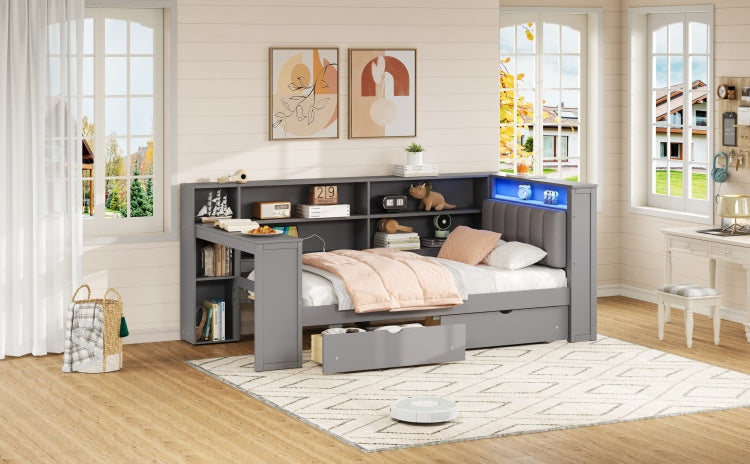 Wood Twin Size Platform Bed With Storage Shelves, Drawers, Charging Station, Led, Desk And Upholstered Headboard, Grey Grey Cushion