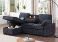 Marcello 91"W Charcoal Chenille Fabric Reversible Sleeper Sectional With Storage Chaise, Drop Down Table, Cup Holders And Charging Ports