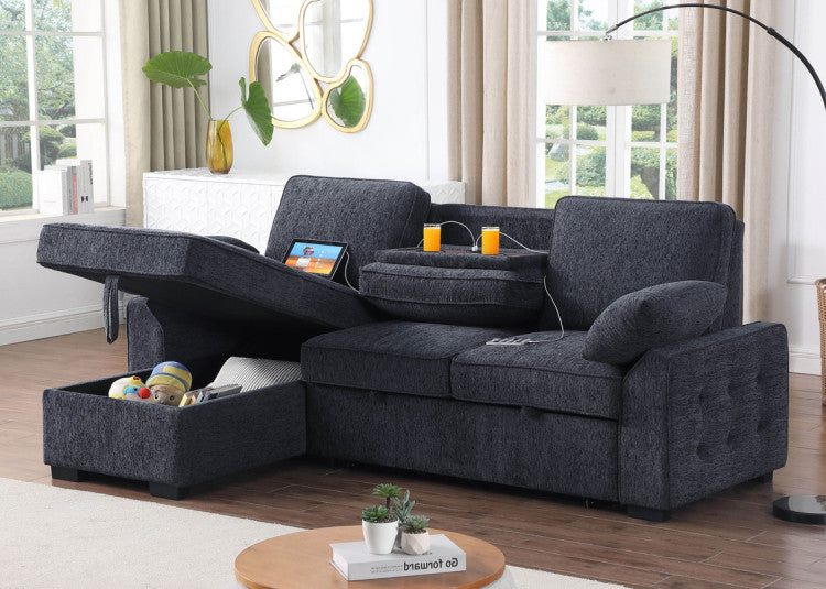 Marcello 91"W Charcoal Chenille Fabric Reversible Sleeper Sectional With Storage Chaise, Drop Down Table, Cup Holders And Charging Ports