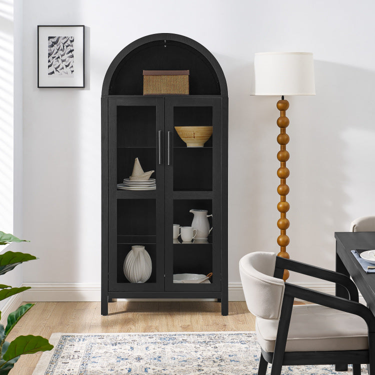 A High Arched Storage Cabinet With A Lamp, A Modern Retro Style Wooden Storage Cabinet With Adjustable Glass Partitions, Suitable For Use As A Multi Functional Cabinet In Kitchens Black