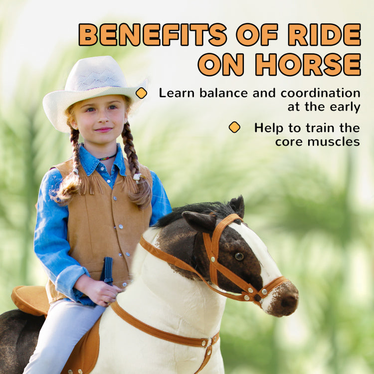 Qaba Ride On Horse For Toddlers 3 8 Years Old, Riding Horse With Neighing Sound, Stuffed Animal Horse Toy For Kids With Padding, Brown