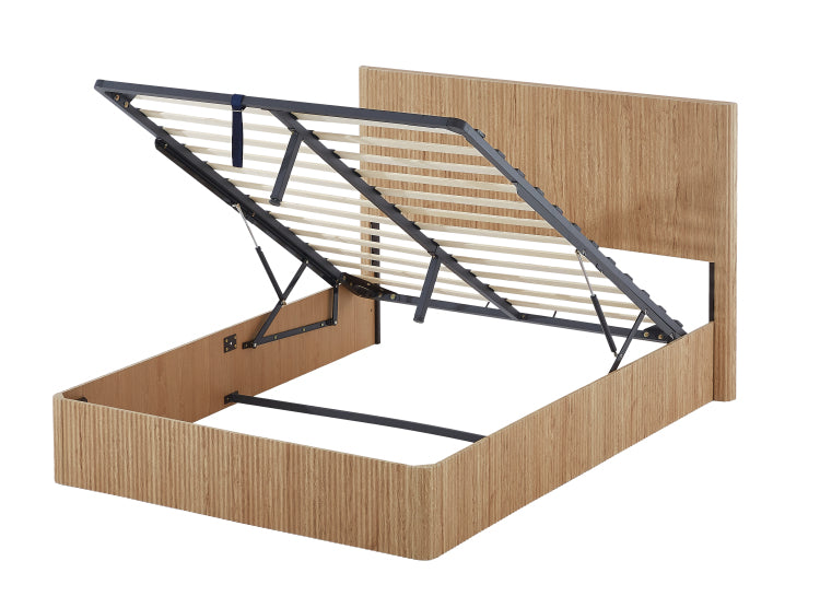 Queen Size Lift Up Storage Bed Frame, Wooden Corrugated Curved Lines, Hydraulic Storage No Box Spring Needed, Oak