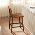 Andre 26" Woven Leather Counter Stool With Back, Pecan Brown Faux Leather