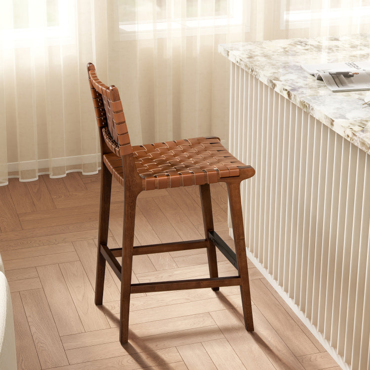 Andre 26" Woven Leather Counter Stool With Back, Pecan Brown Faux Leather