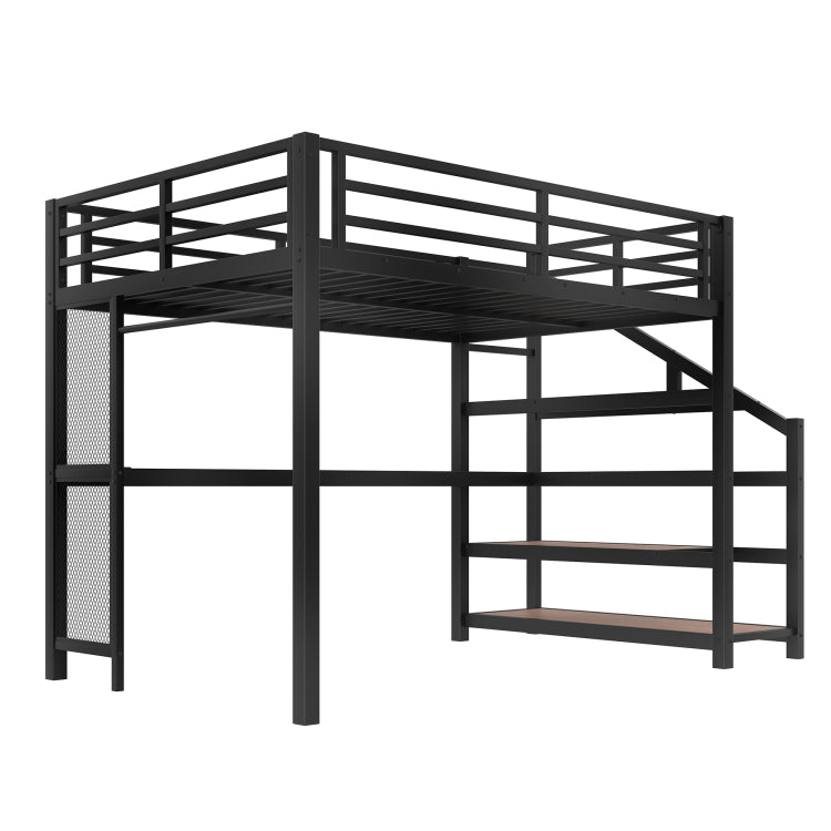 Full Loft Bed With Desk And Storage Stairs, Metal Loft Beds With Led Lights, Usb Ports, Multifunctional Iron Nets, No Spring Box Needed And Noise Free, Black