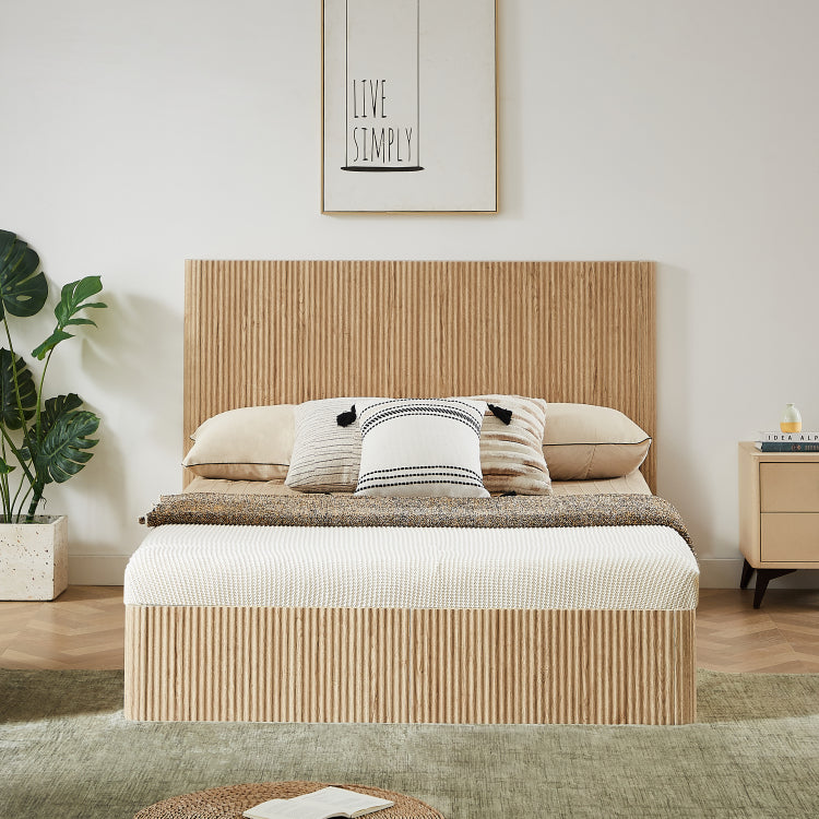 Queen Size Lift Up Storage Bed Frame, Wooden Corrugated Curved Lines, Hydraulic Storage No Box Spring Needed, Oak