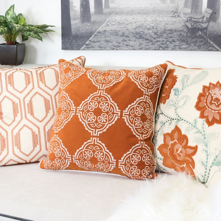 Burnt Orange Damask Embroidered Throw Pillow Boho Geometric Cushion