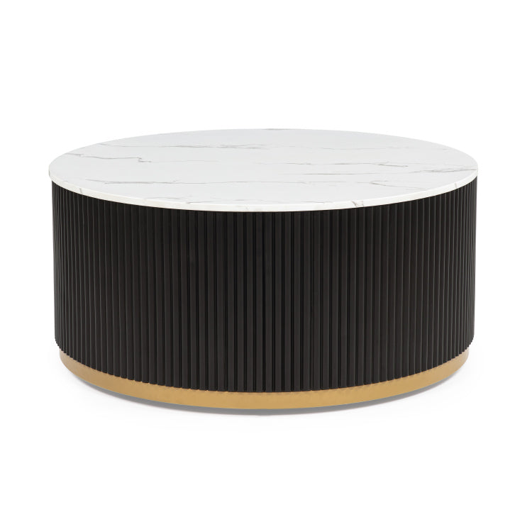 1Pc Coffee Table Modern Cocktail Group Luxurious Marble Inspired Top Reeded Base Gold Finished Foundation With Casters Wooden Living Room Furniture
