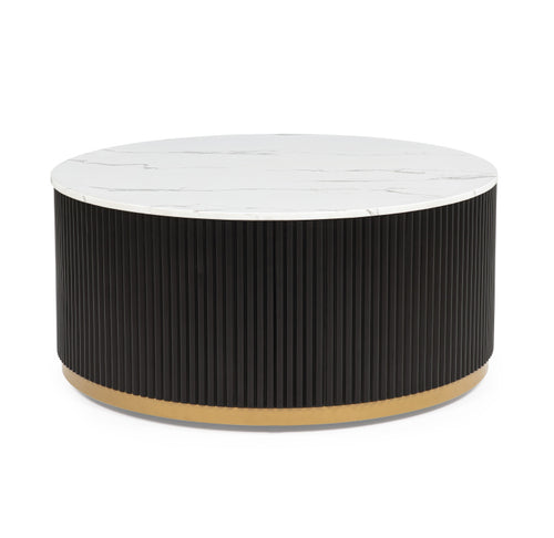 1Pc Coffee Table Modern Cocktail Group Luxurious Marble Inspired Top Reeded Base Gold Finished Foundation With Casters Wooden Living Room Furniture