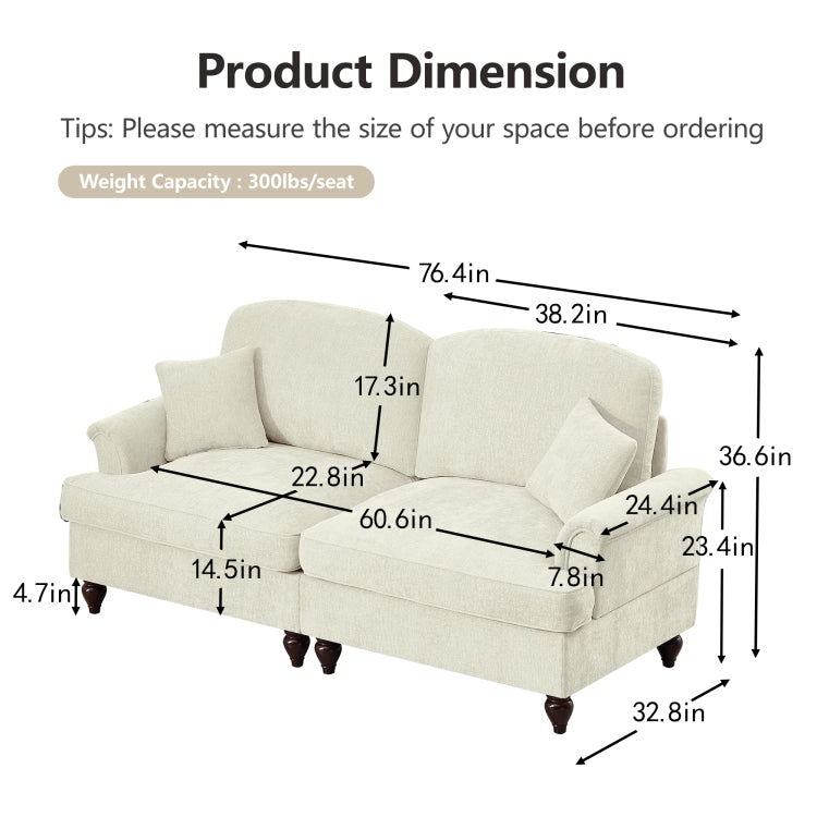 Elegant Mid Century Oversized Large Two Seater Sofa Couch With Flared Arms And Removable Ruffles Pleats Skirts And Spindle Legs, Comfy Chenille Two Seat Love Seat Sofa For Living Room, Beige White