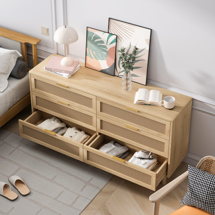 59.06"6 Drawers Rattan Storage Cabinet Rattan Drawer With White Drawer Slides,For Bedroom,Living Room,Natural