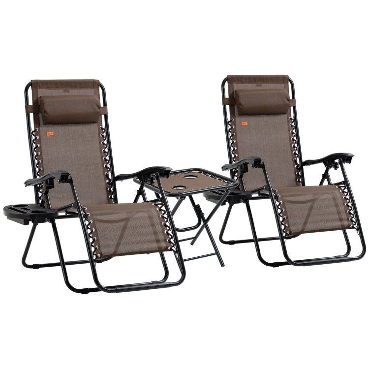 Outsunny Zero Gravity Chair Set With Side Table, Folding Reclining Chair With Cupholders & Pillows, Adjustable Lounge Chair For Pool, Backyard, Lawn, Beach, Brown