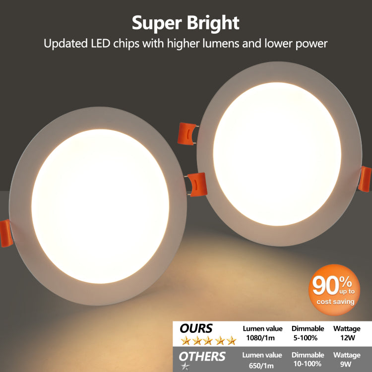 6 Inch Led Recessed Ceiling Lights, 12 Pack Ultra Thin With Junction Box, 5 Color Temperature Options 2700K 5000K, 12W 1080Lm Dimmable Canless Downlight, Etl Listed For Home And Commercial Use