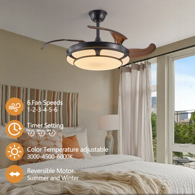 42" Retractable With Light, Modern Led Chandelier Fan With Remote Control, 6 Speed Adjustable Blades, Quiet Dc Motor, Dimmable Lighting For Living Room, Bedroom, Dining Room