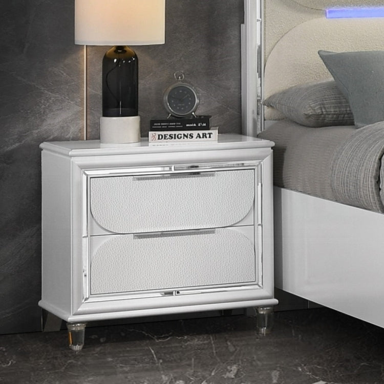 Glamorous Pearl White Finish Nightstand With Drawers Storage Durable Acrylic Legs Wooden Modern Bedroom Furniture 1Pc