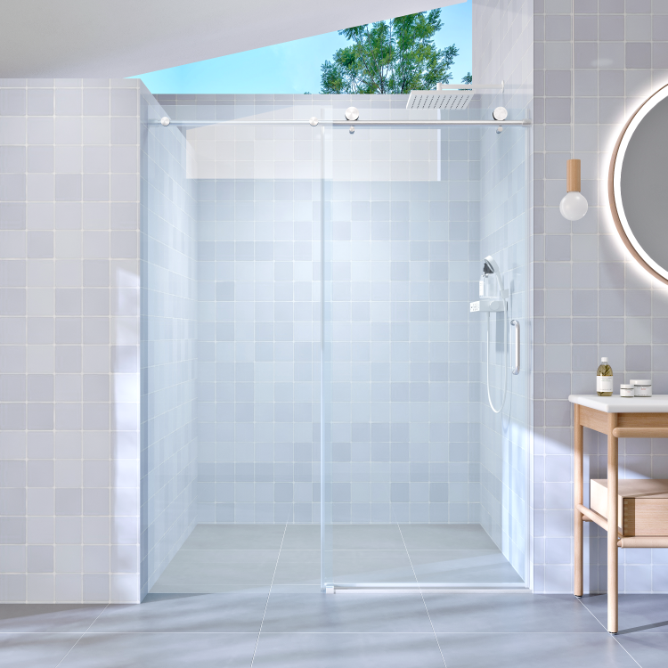 56" 60" W X 76" H Single Sliding Shower Door, Frameless Bathroom Sliding Door With 1 4" 6Mm Tempered Glass For Walk In Shower, Brushed Nickel Gf 25D06 60Bnx