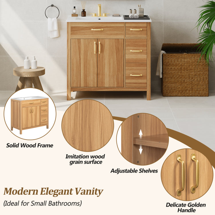 36" Wood Bathroom Vanity With Solid Wood Frame, 2 Soft Close Doors, 3 Soft Close Drawers, Adjustable Shelf, Modern Storage Cabinet For Small Bathrooms