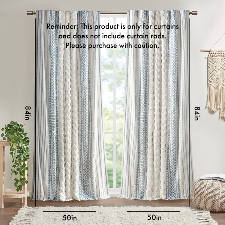 Cotton Printed Curtain Panel With Chenille Stripe And Lining White Navy 50X84"