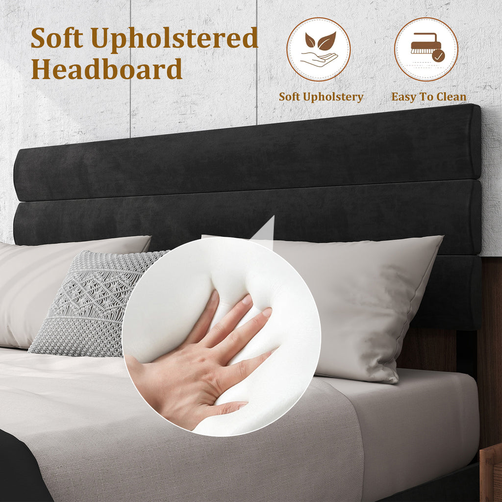 Full Size Upholstered Platform Bed Frame 14'' Underbed Storage, Linen Headboard, No Box Spring Needed