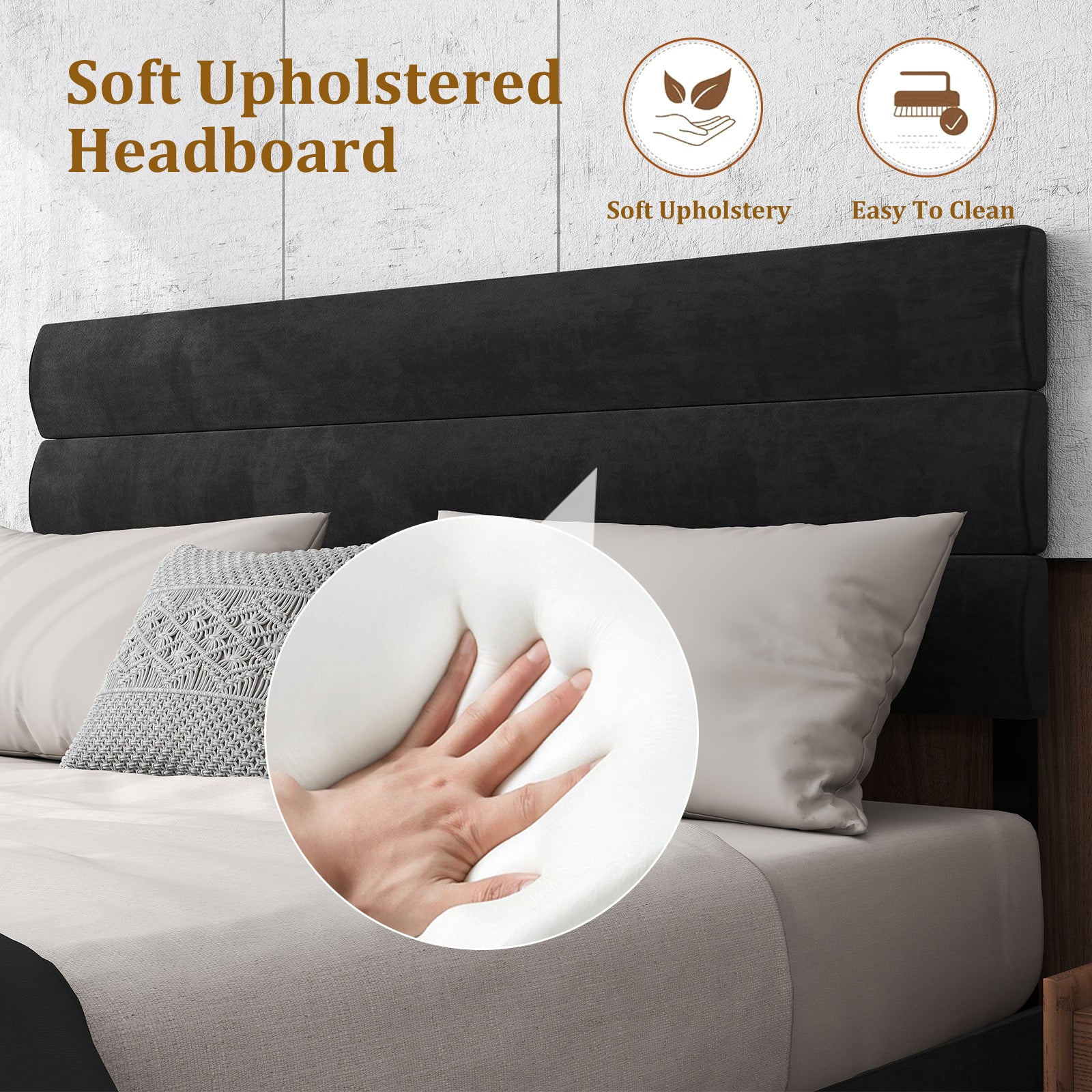 Full Size Upholstered Platform Bed Frame 14'' Underbed Storage, Linen Headboard, No Box Spring Needed