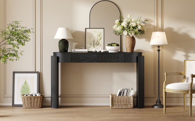 Entryway Table With Natural Wood Grain Finish, Console Table With Fluted Design, Oval Top And 2 Drawers For Entryway And Living Room Black