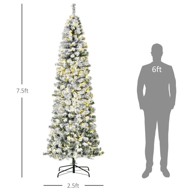 Homcom 7.5Ft Pre Lit Snow Flocked Slim Douglas Fir Artificial Christmas Tree With Realistic Branches, 350 Led Lights And 641 Tips