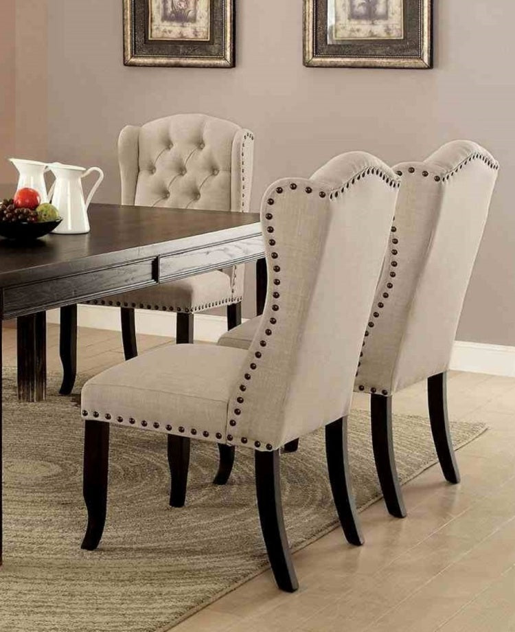 Rustic Style 2Pc Side Chair Button Tufted Nailhead Trim Wingback Antique Black And Beige Finish Dining Room