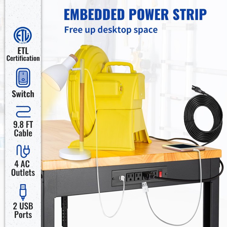 Workbench Adjustable Height, 48" L X 20" W X 38.1" H Garage Table W 28.3" 38.1" Heights & 2000 Lbs Load Capacity, With Power Outlets & Hardwood Top & Metal Frame & Foot Pads, For Office Home