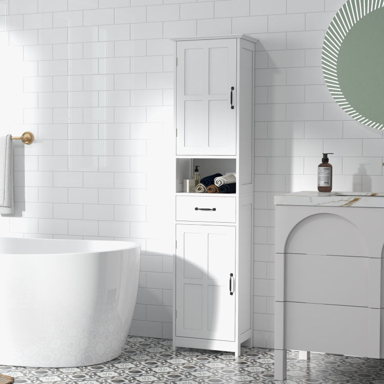 Kleankin Slim Bathroom Storage Cabinet, Tall Bathroom Cabinet, Linen Tower With Open Shelf, Drawer, Recessed Doors, And Adjustable Shelves, White