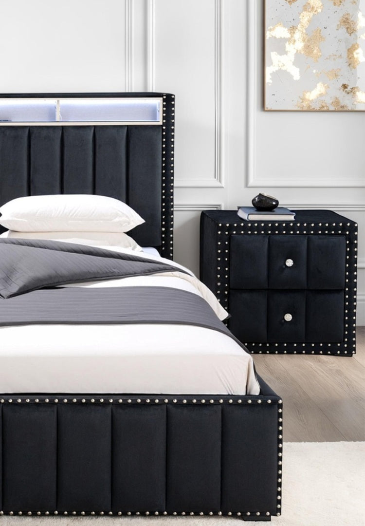 Black Color Contemporary Style 1Pc Nightstand Crystal Like Knobs Vertical Channel Tufting Nailhead Trim Fabric Bedside Table Bedroom Furniture