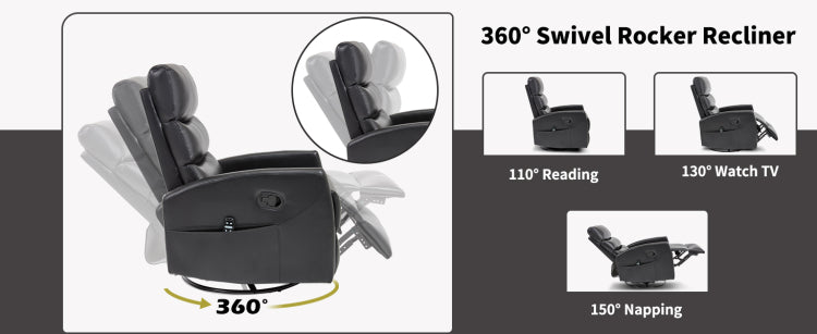 Heat Massage Manual Recliner Chair With Rocker And Swivel In Fabric For Living Room, Black