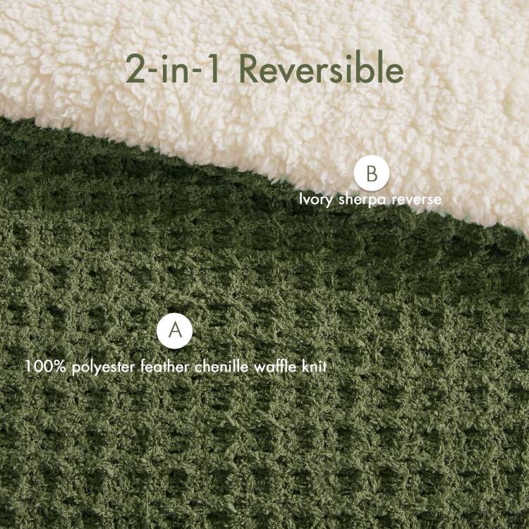 3 Pieces Full Queen Waffle Knit Chenille Comforter Set,Olive