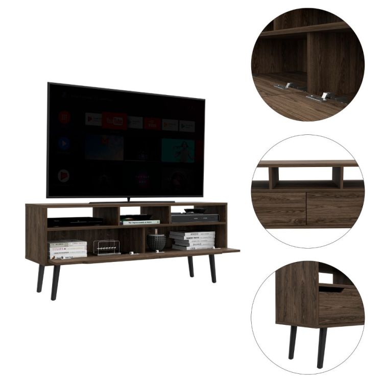 Tv Stand For Tv S Up 52", Three Open Shelves, Two Flexible Drawers, Dark Walnut