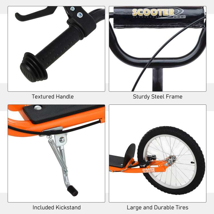 Aosom Youth Scooter Kick Scooter For Kids 5 With Adjustable Handlebar 16" Front And Rear Dual Brakes Inflatable Wheels, Orange