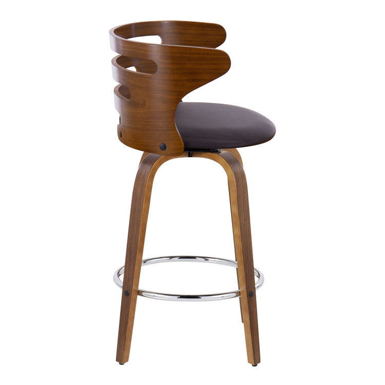 26" Mid Century Modern Fixed Height Barstool With Swivel In Walnut Wood And Brown Faux Leather With Round Chrome Metal Footrest Set Of 2