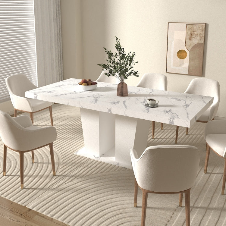 Extendable Dining Room Table For 6 10, Modern All White Faux Marble Rectangle Dining Table With Dual Column Pedestal Base, Expandable Kitchen Table