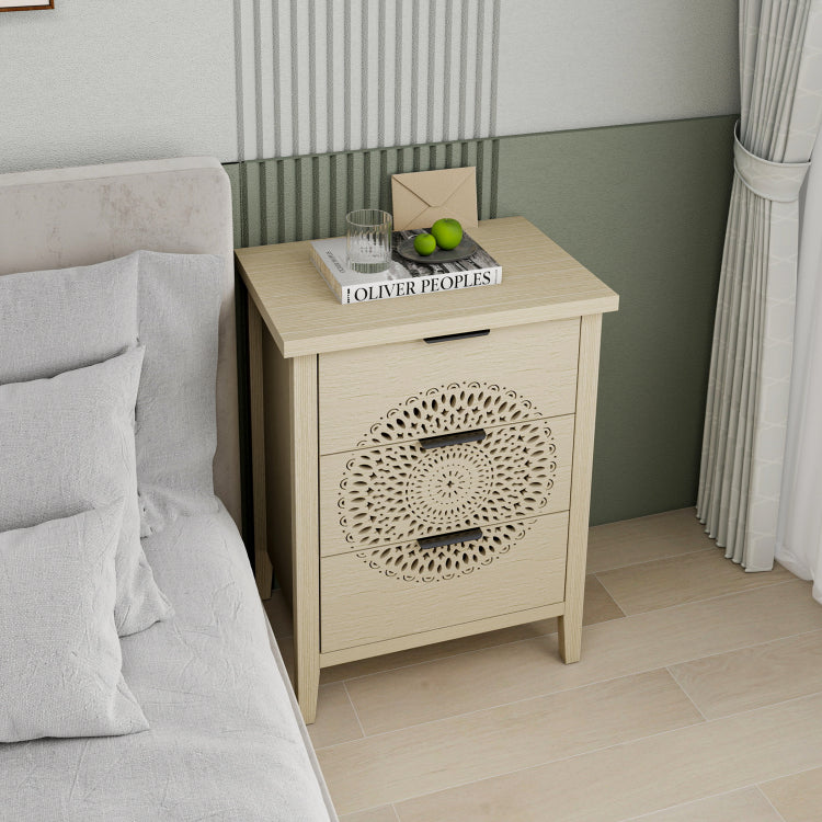Hollow Carved 3 Drawer Cabinet Dresser Storage Chest With Metal Handles For Living Room Bedroom