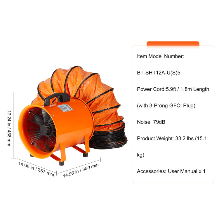 Portable Ventilator, 12 Inch Heavy Duty Cylinder Fan With 16.4Ft Duct Hose, 585W Strong Shop Exhaust Blower 3198Cfm, Industrial Utility Blower For Sucking Dust, Smoke, Smoke Home Workplace