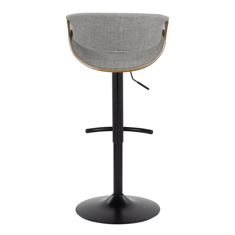 Mid Century Modern Adjustable Barstool With Swivel In Black Metal, Walnut Wood And Light Grey Fabric With Rounded T Footrest Set Of 2