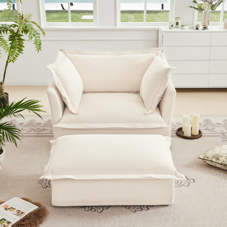 Upholstered Slipcovered Armchair With Ottoman, Deep Seat Armchair W Wide Ottoman For Living Room, Armchair Sets With Large Soft Pillows Set Of 2 ,Chenille Fabric,Cream