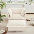 Upholstered Slipcovered Armchair With Ottoman, Deep Seat Armchair W Wide Ottoman For Living Room, Armchair Sets With Large Soft Pillows Set Of 2 ,Chenille Fabric,Cream