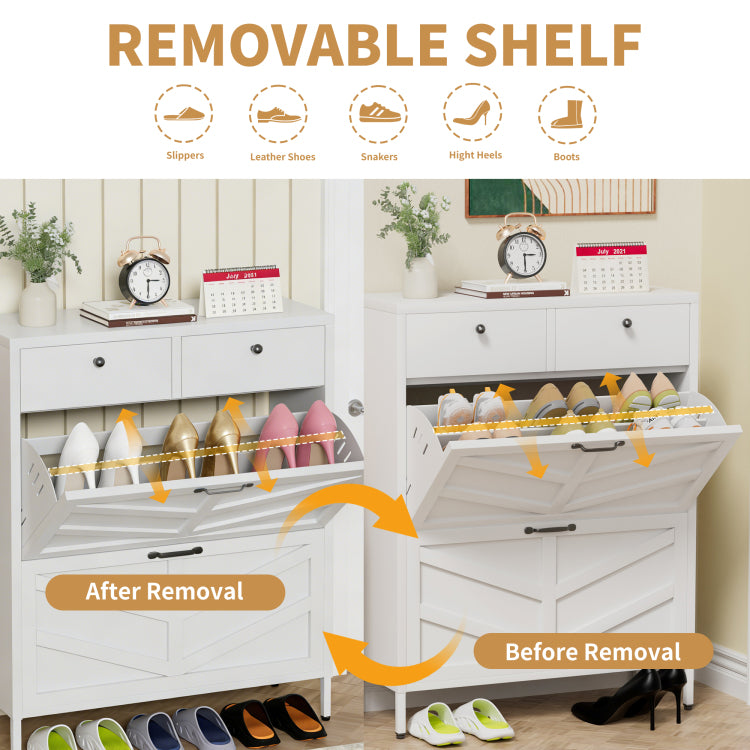 Shoe Cabinet With 2 Flip Drawers And 2 Drawers, Slim Metal Entryway Storage Cabinet, Freestanding 31.5"W X 40.75"H White Organizer With Anti Tip Device