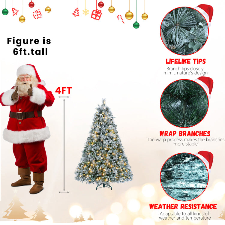 4Ft Prelit Flocked Christmas Tree With Pine Needles & Eucalyptus Leaves, 150 Warm White Led Lights, 404 Tips, Hinged Branches, Metal Stand Snowy Artificial Tree For Holiday Decor