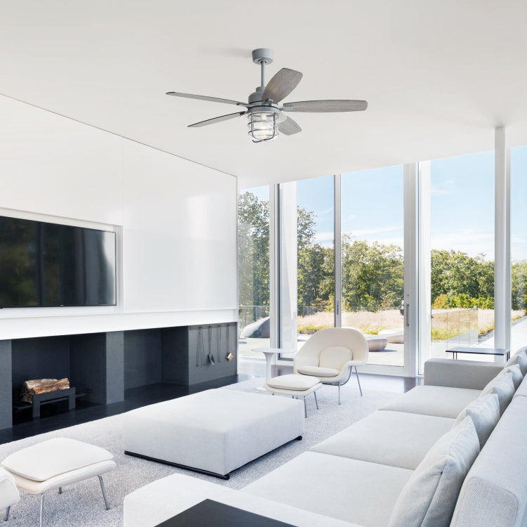 52 Inch Cement Grey With E26 Light,Glass Lampshade,5 Plywood Blades,Noiseless Dc Motor,6 Wind Speed