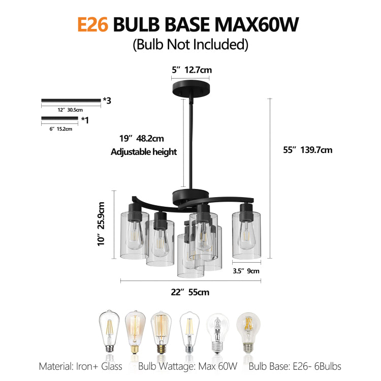 6 Light Modern Farmhouse Black Chandelier, Contemporary Dining Room Light Fixture, Adjustable Height Hanging Industrial Pendant Lights Kitchen Island, Clear Glass Shade