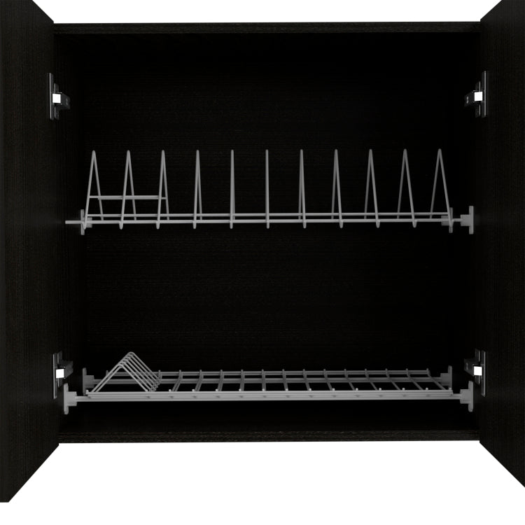 Wall Cabinet 24" H, Four Doors, Two Open Storage Shelves, Two Internal Shelves, Internal Dish And Glass Organizer, Black