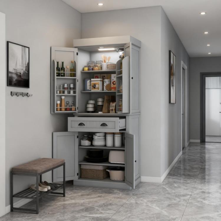 Modern Style Kitchen Pantry Cabinet With Led Lights,Door Shelves,Drawer And Adjustable Shelves
