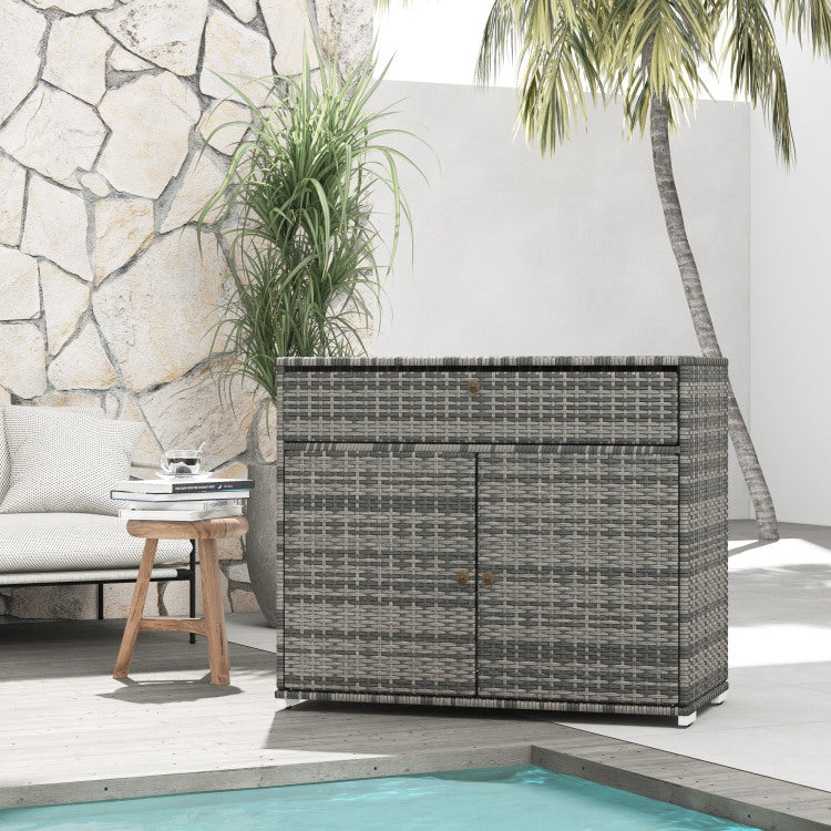 Outsunny Outdoor Towel Rack & Pool Toy Cabinet, Hot Tub Accessory Storage, Freestanding Pe Rattan Wicker Cabinet With Drawer For Indoor, Outdoor Swimming Pool, Spa, Gray